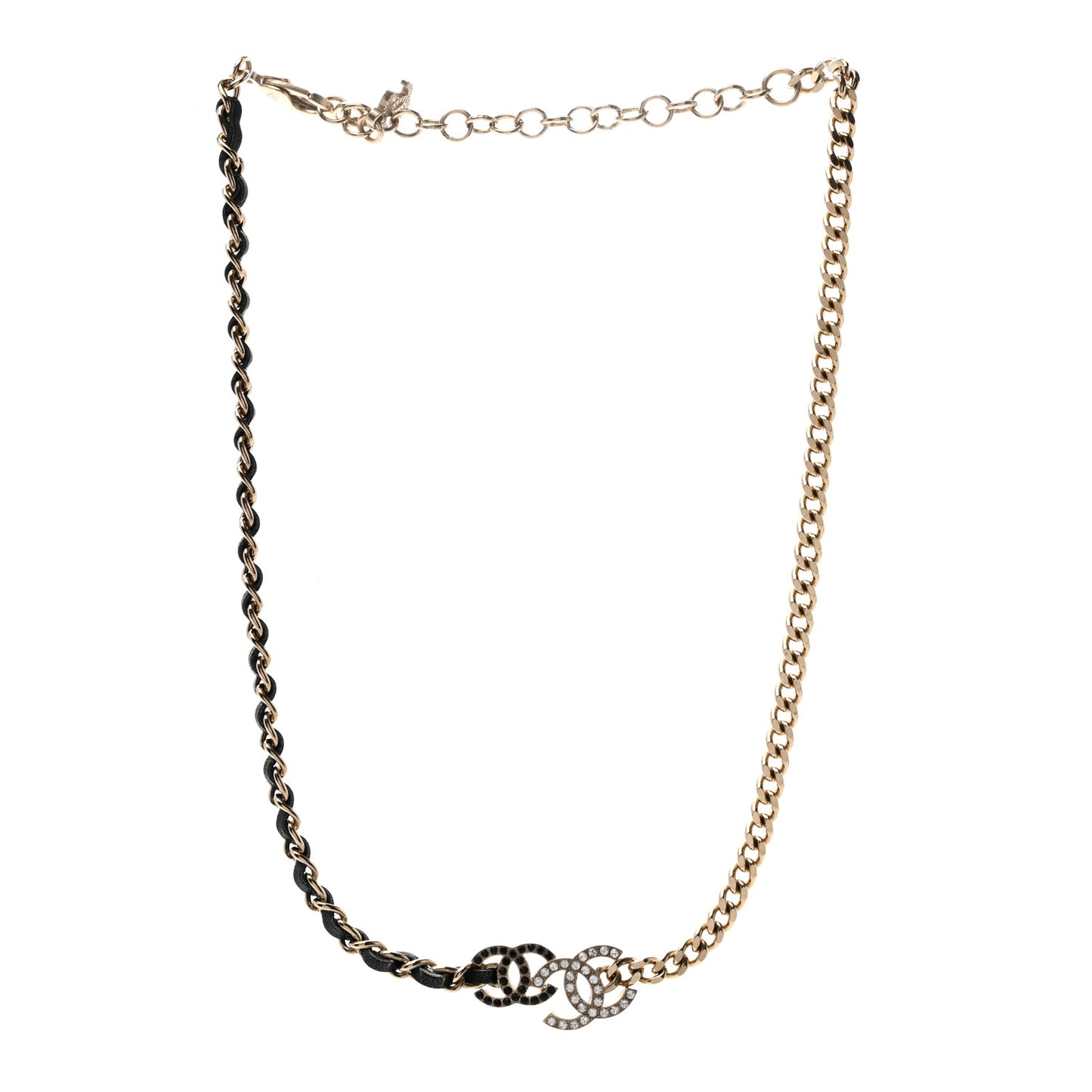 Metal Calfskin Crystal Double CC Short Necklace Black Gold