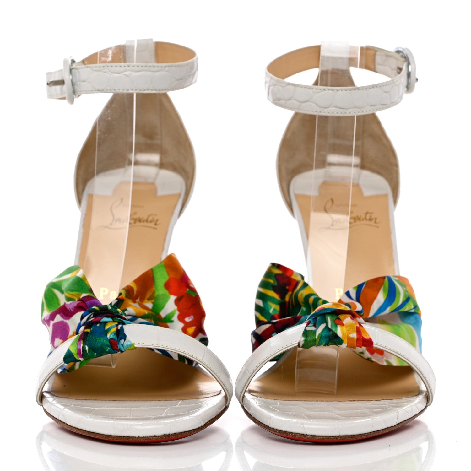 Christian Louboutin Crocodile Embossed Calfskin Silk Floral Ali 100 Pumps 39 White Ruban 2 of 7