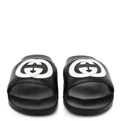 Gucci Nappa Miro Soft Calfskin Womens Interlocking G Slide Sandals 39 Black White 2 of 8