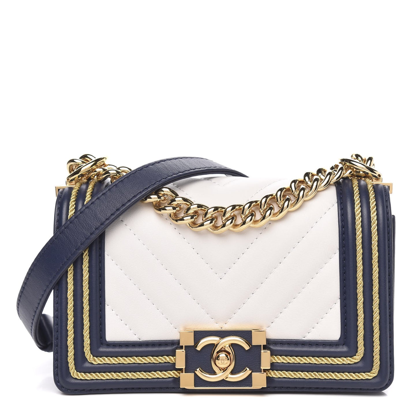 Calfskin Chevron Quilted Braided Small Boy Flap White Navy