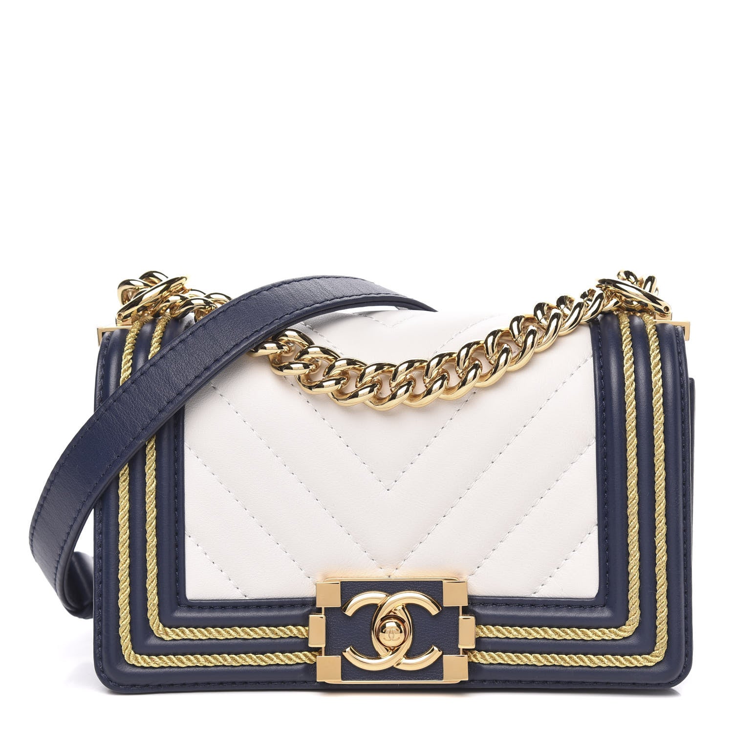 Chanel Calfskin Chevron Quilted Braided Small Boy Flap White Navy 1 of 11