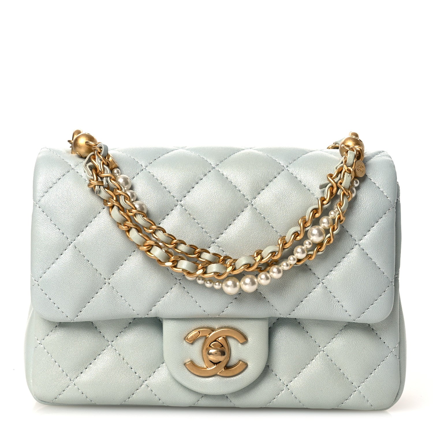Chanel Shiny Lambskin Quilted Pearl Twist Mini Square Flap Light Blue 1 of 9