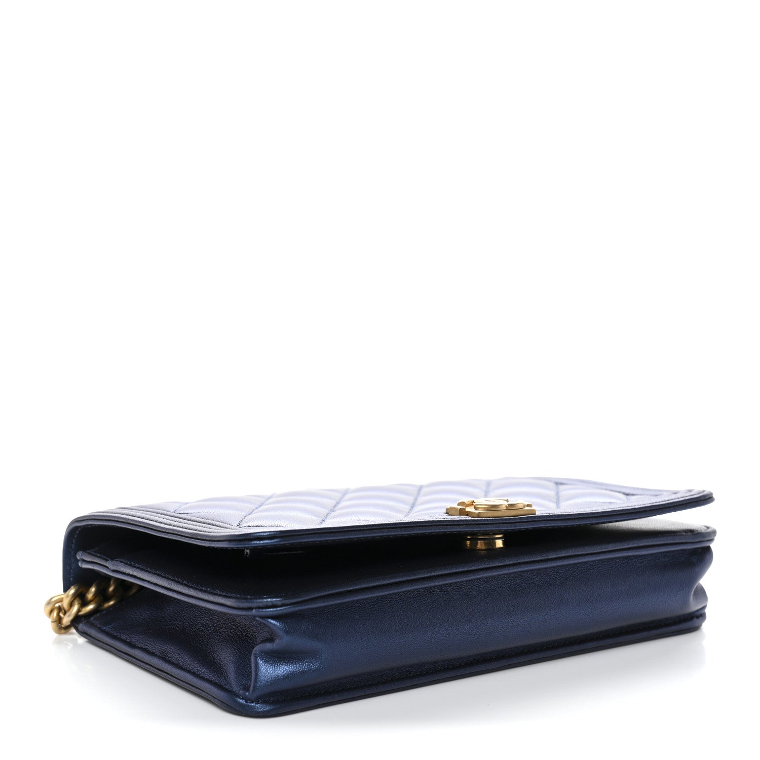 Chanel Metallic Calfskin Quilted Boy Wallet On Chain WOC Navy Blue 4 of 11