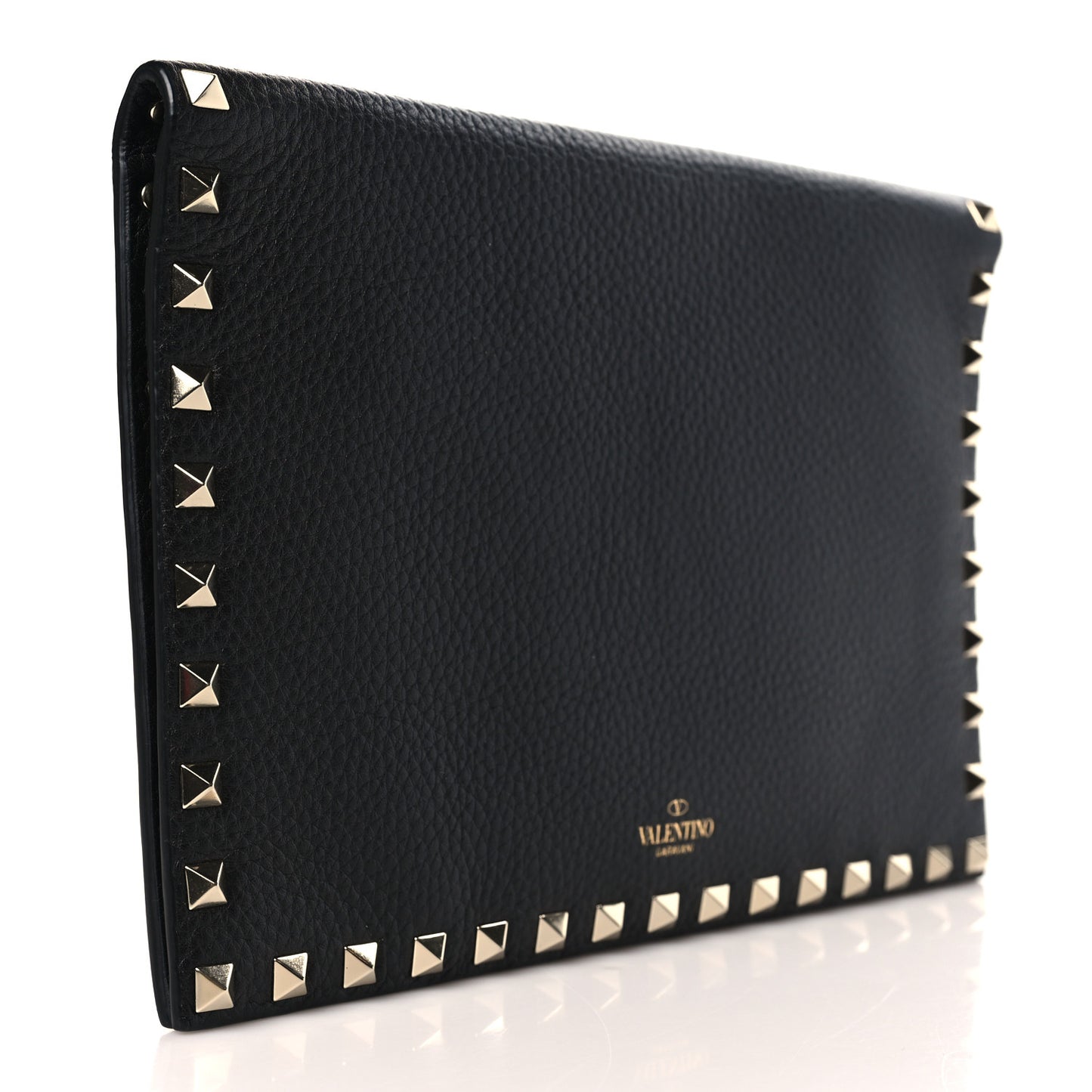 Pebbled Calfskin Rockstud Flap Clutch Black
