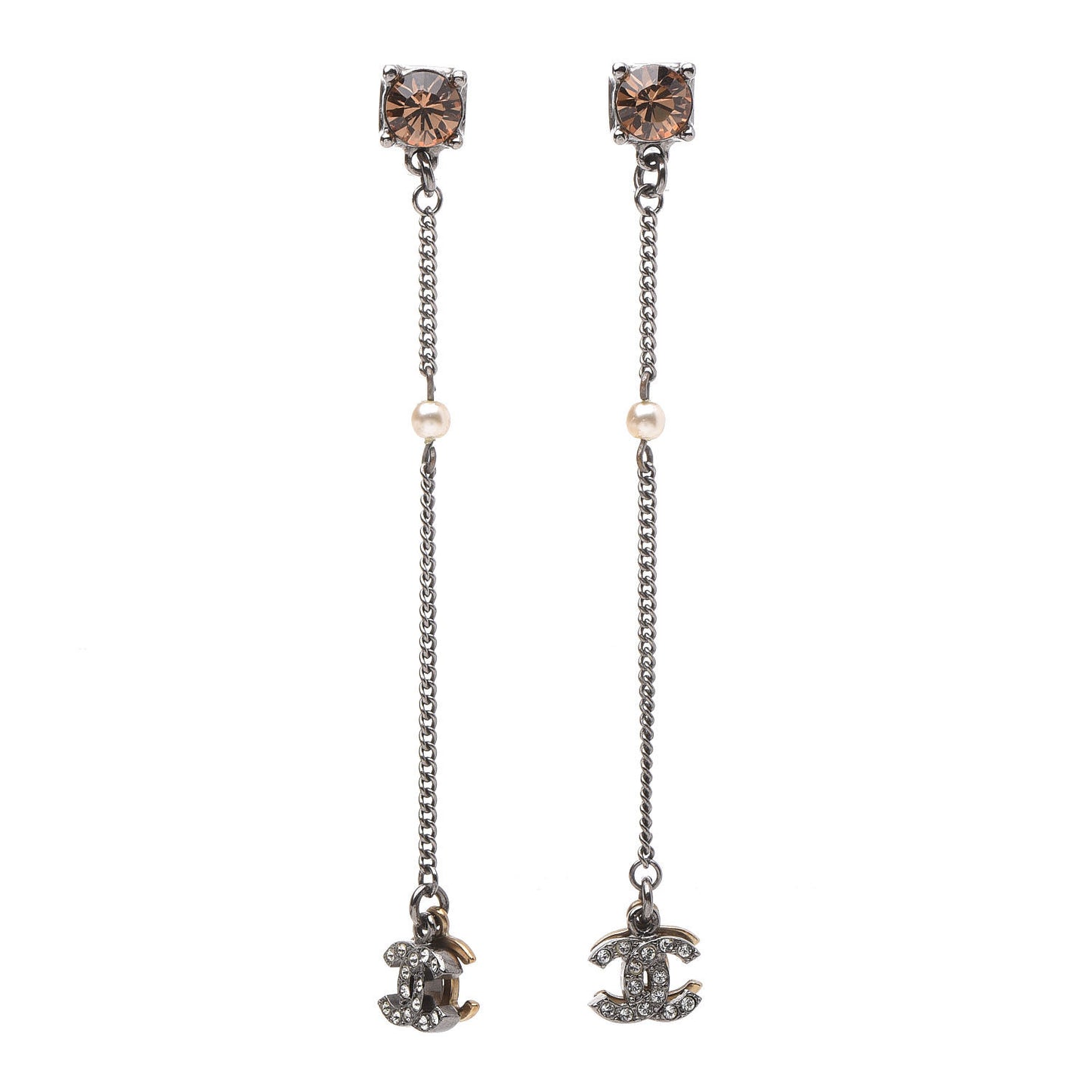 Crystal Pearl CC Long Drop Earrings Silver Gold