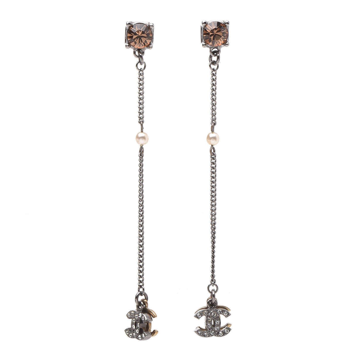 Chanel Crystal Pearl CC Long Drop Earrings Silver Gold 1 of 4