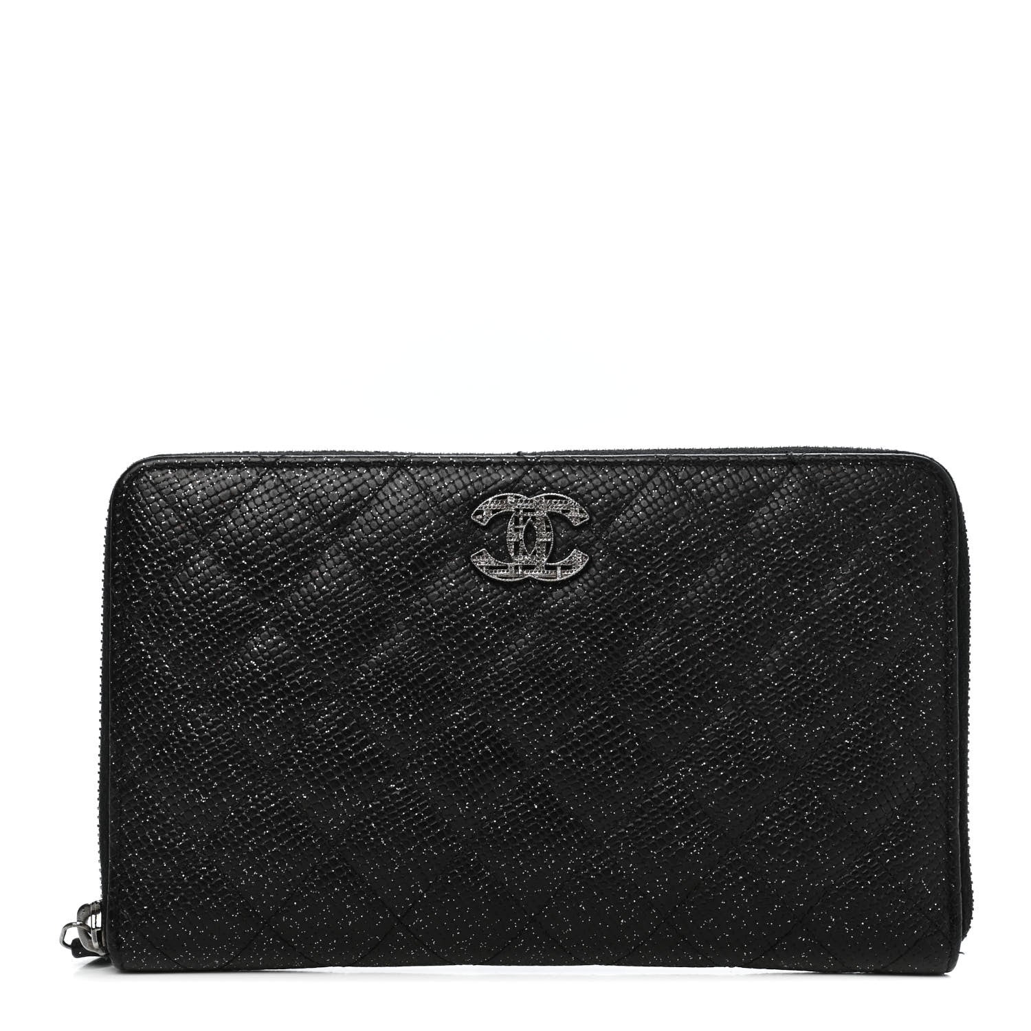 Chanel Glittered Calfskin Quilted Large Gusset Zip Wallet Black 1 of 12