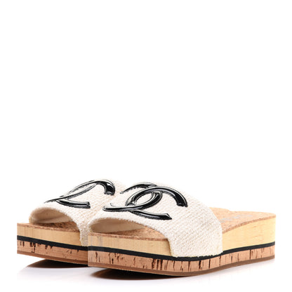Chanel Tweed Cork CC Mule Sandals 37 White Black 3 of 7