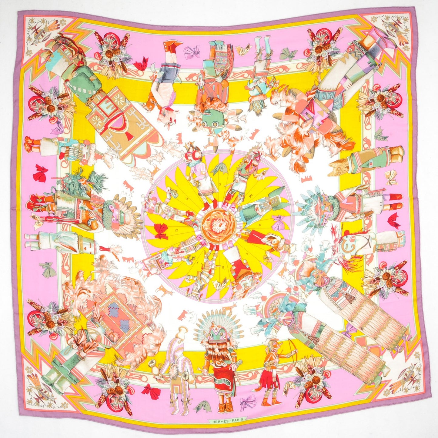 Cashmere Silk Kachinas Shawl 140 Mauve Rose Bonbon Jaune Vif