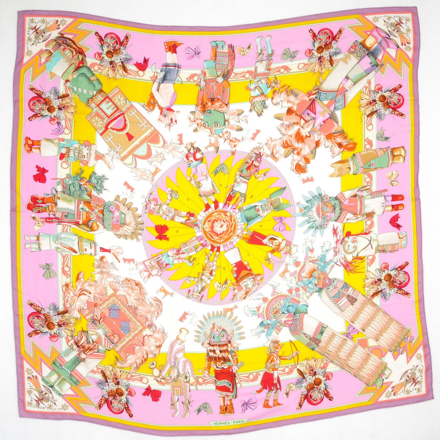 Hermes Cashmere Silk Kachinas Shawl 140 Mauve Rose Bonbon Jaune Vif 2 of 5