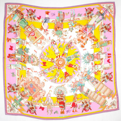 Hermes Cashmere Silk Kachinas Shawl 140 Mauve Rose Bonbon Jaune Vif 2 of 5