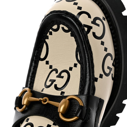 Gucci Azalea Calfskin GG Monogram Bi-Color Debossed Womens Harald Horsebit 25mm Platform Loafers 38.5 Mystic White Black 10 of 10