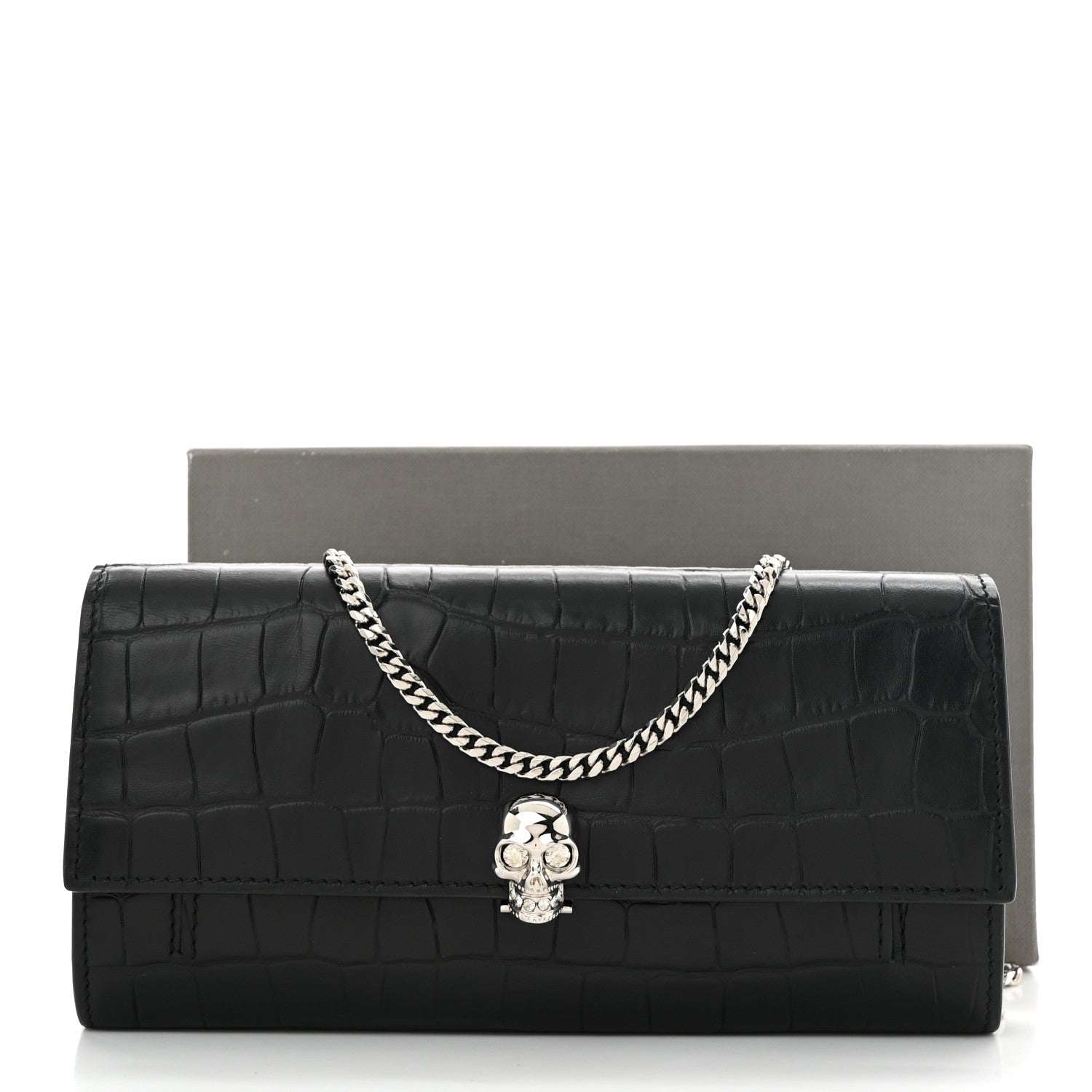 Alexander McQueen Calfskin Crocodile Embossed Skull Wallet on Chain Black 11 of 11
