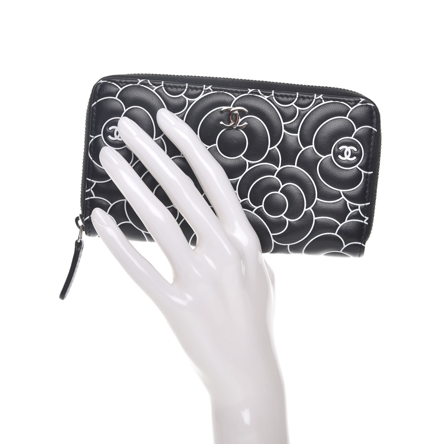 Chanel Lambskin Camellia Embossed Zip Around Wallet Black 2 of 9