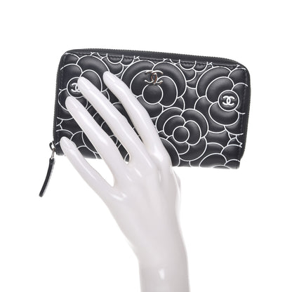 Chanel Lambskin Camellia Embossed Zip Around Wallet Black 2 of 9