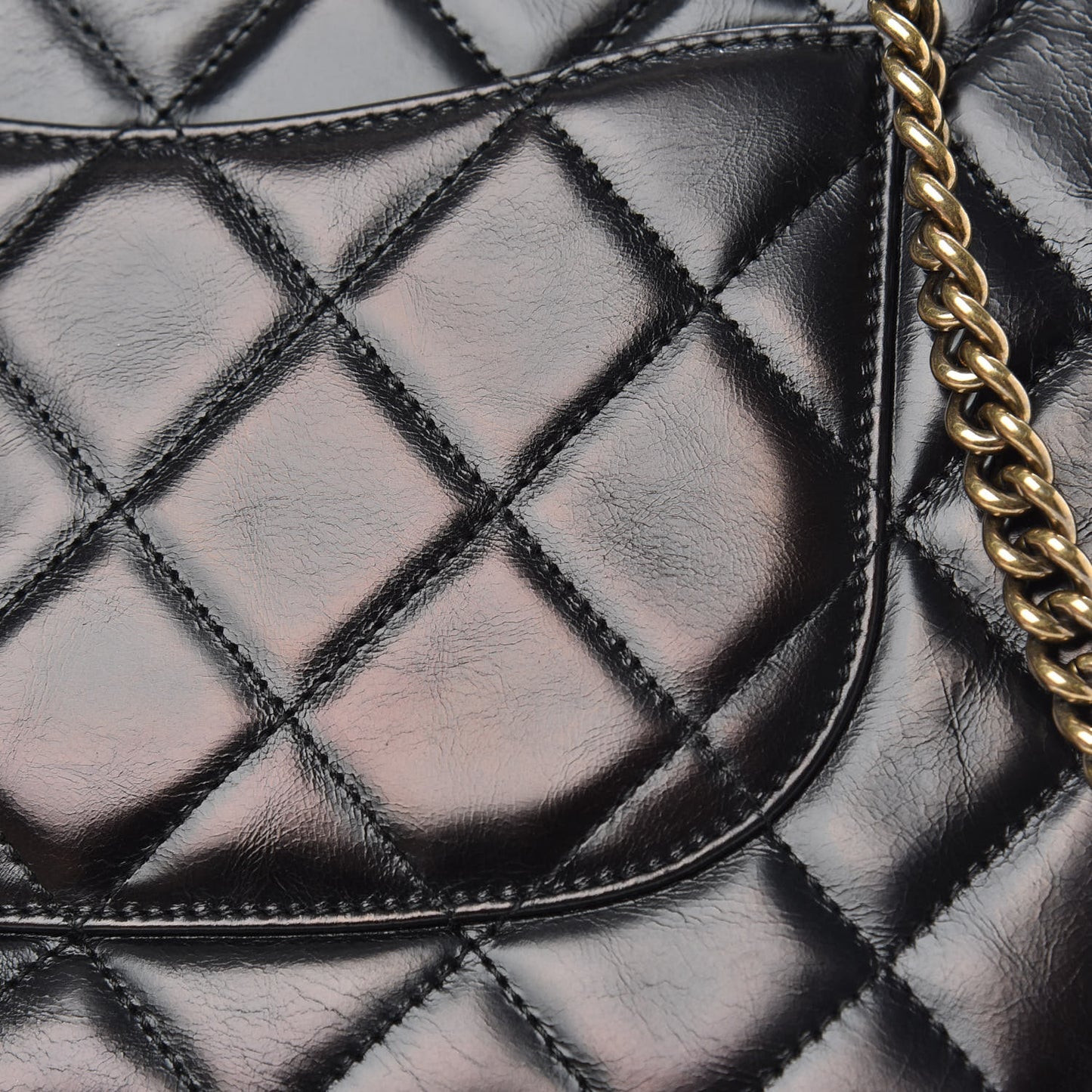 Glazed Calfskin Quilted Medium Gold Bar Top Handle Flap Black
