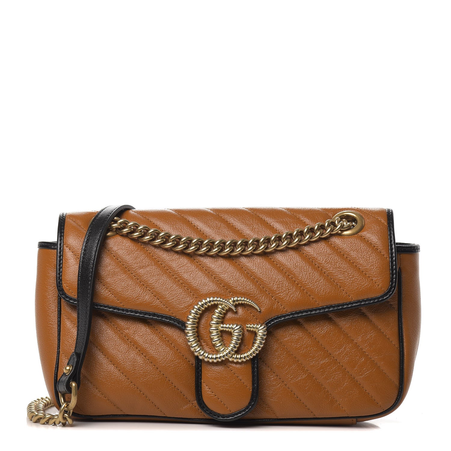 Gucci Vintage Effect Calfskin Matelasse Diagonal Small Torchon GG Marmont Shoulder Bag Cognac Black 1 of 10