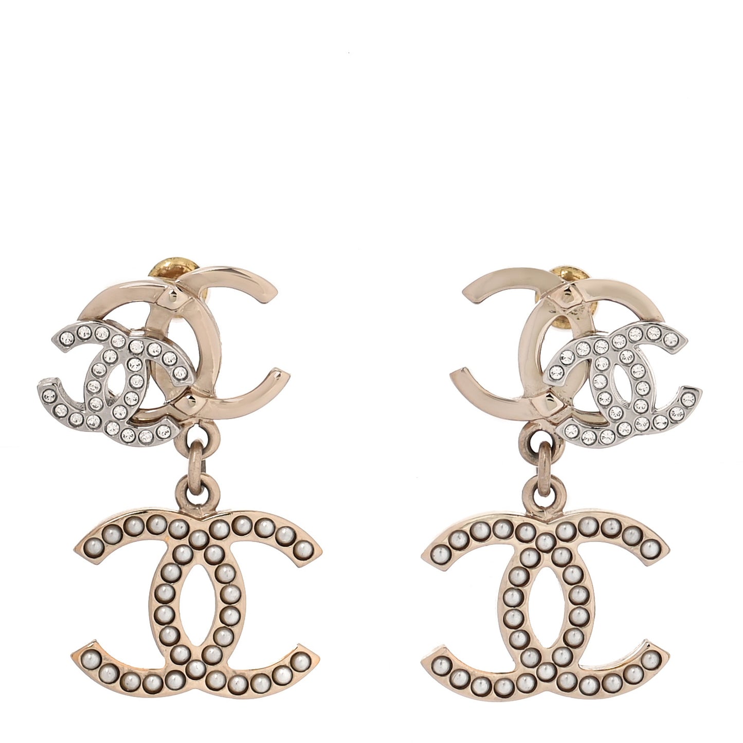 Crystal Pearl Double CC Drop Earrings Gold Silver