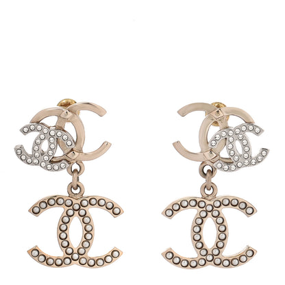 Chanel Crystal Pearl Double CC Drop Earrings Gold Silver 1 of 5