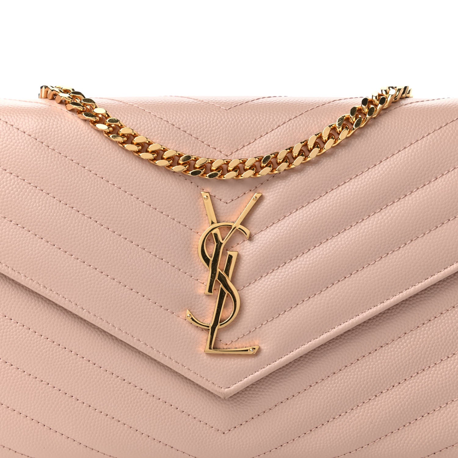 Saint Laurent Grain De Poudre Matelasse Chevron Monogram Chain Wallet Pale Pink 11 of 12