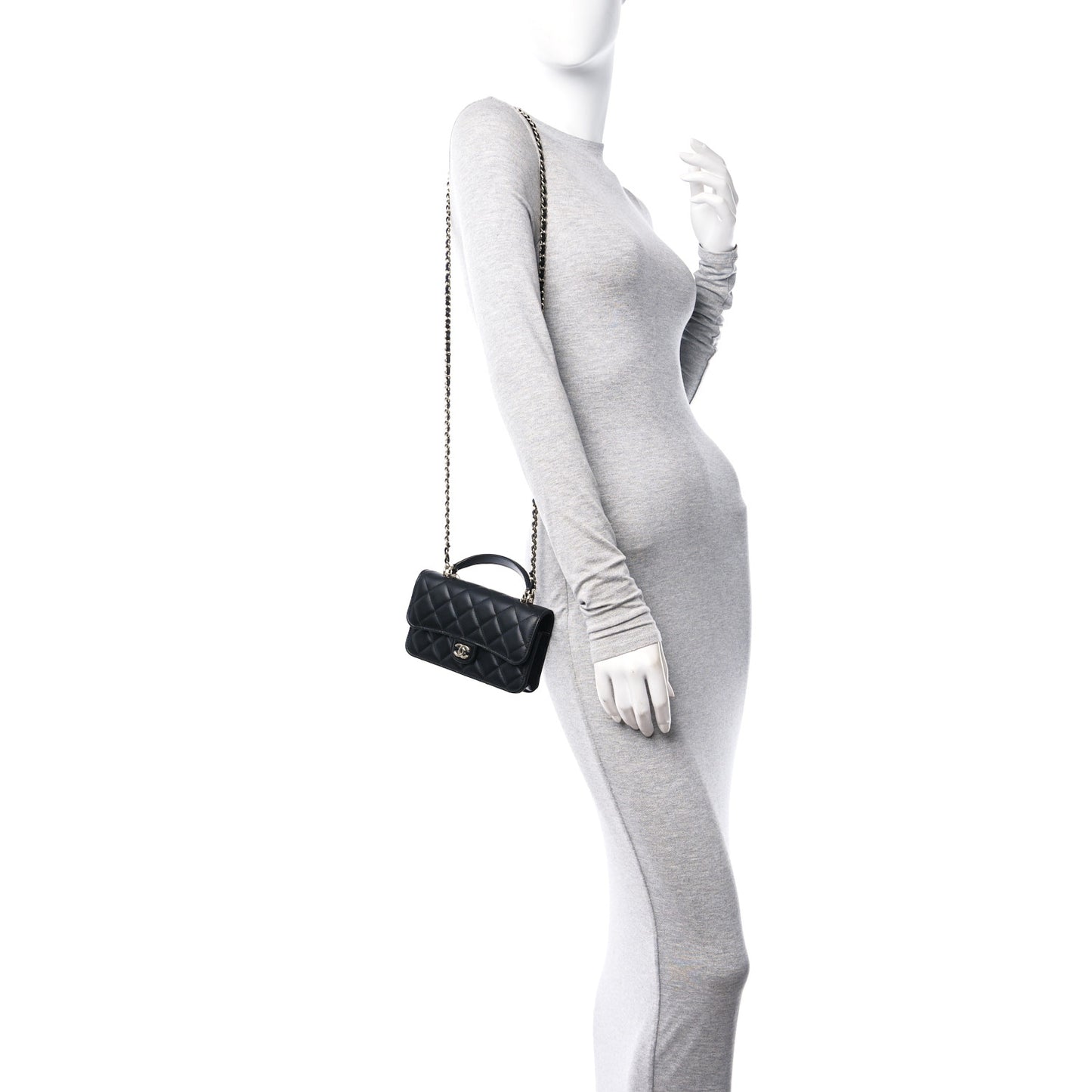 Lambskin Quilted Flap Phone Holder With Chain Black