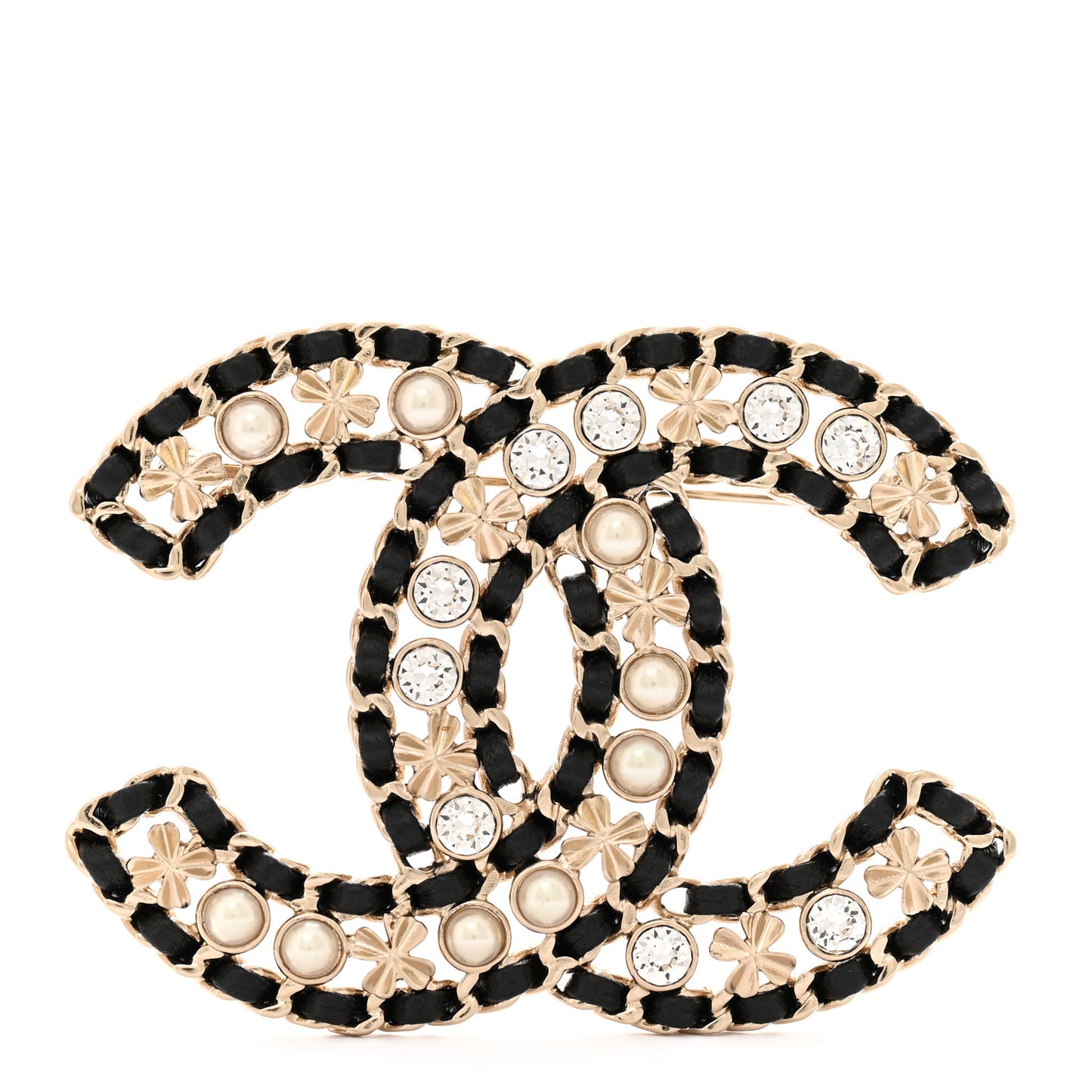 Lambskin Pearl Crystal CC Brooch Gold Black