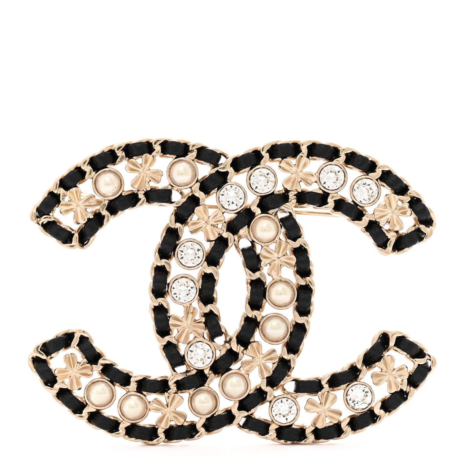 Chanel Lambskin Pearl Crystal CC Brooch Gold Black 1 of 4