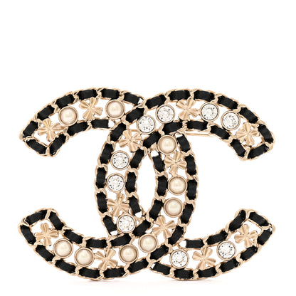 Chanel Lambskin Pearl Crystal CC Brooch Gold Black 1 of 4