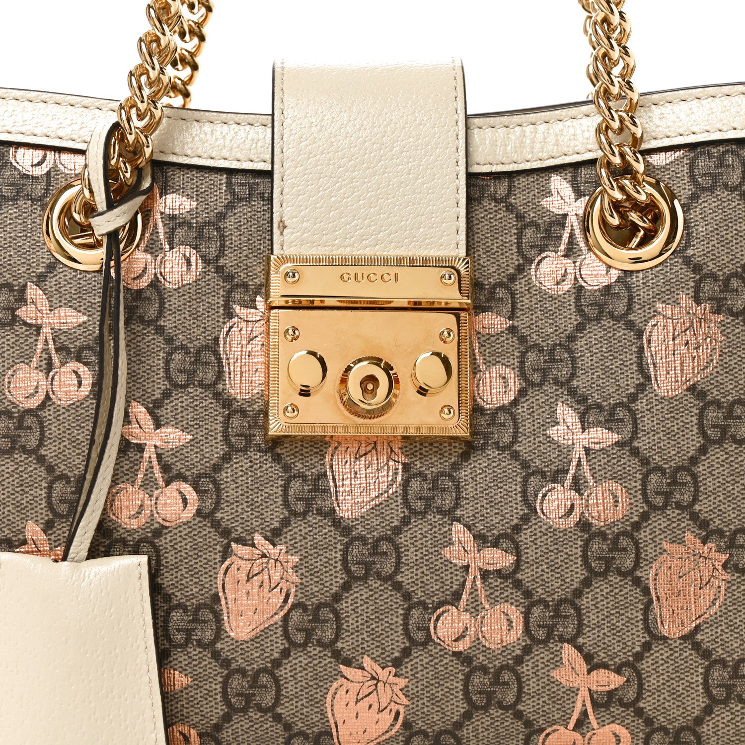 Gucci GG Supreme Monogram Berry Textured Dollar Calfskin Small Padlock Tote Beige Ebony Light Copper Mystic White 8 of 10