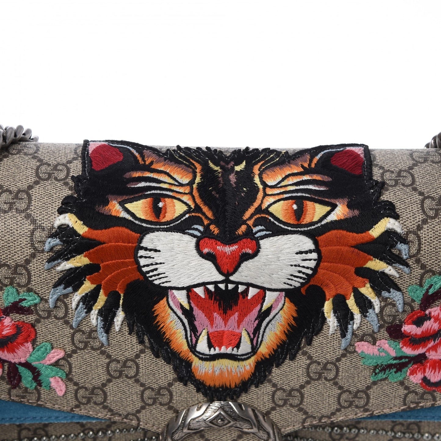 GG Supreme Monogram Angry Cat Embroidered Medium Dionysus Shoulder Bag Beige Ultramarine