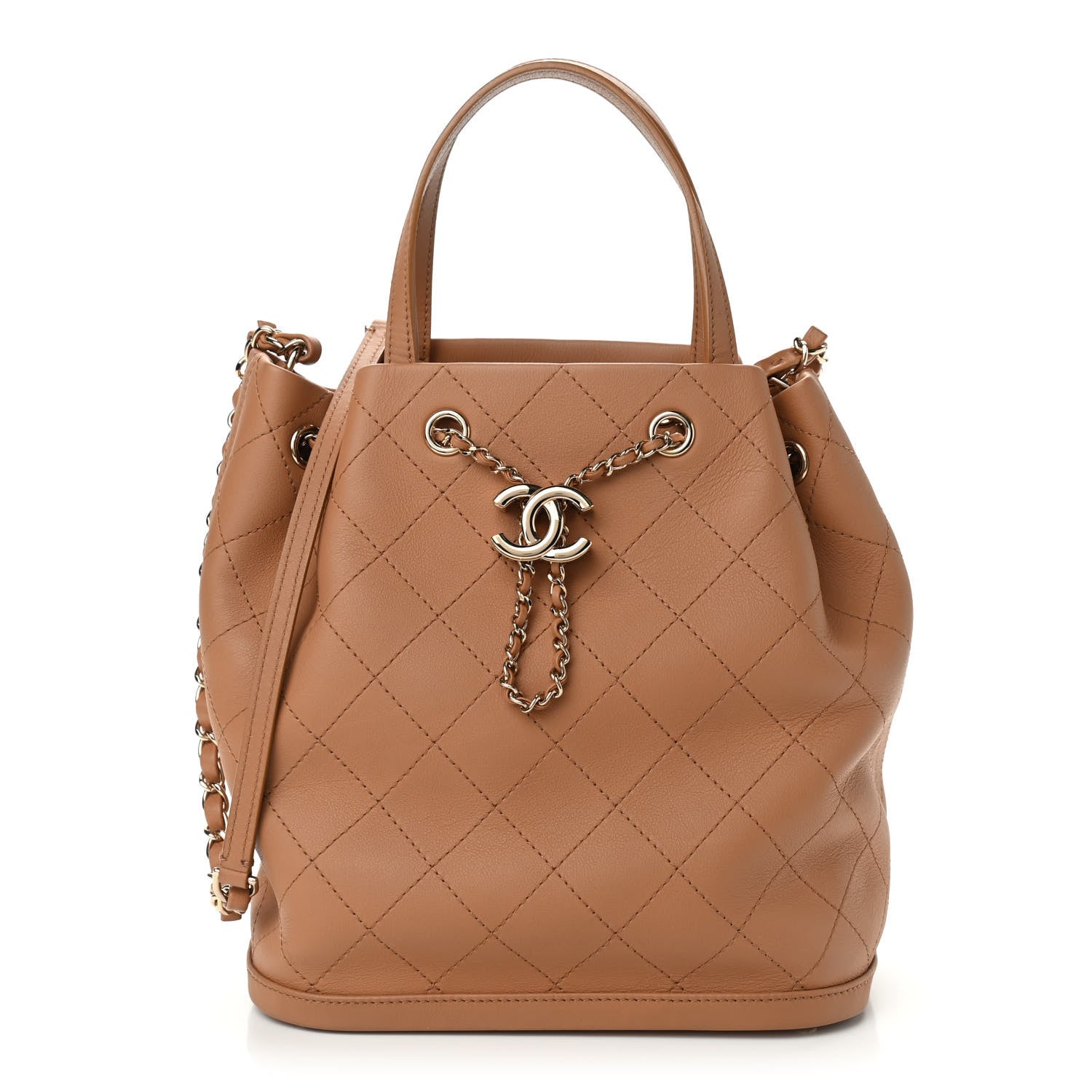 Chanel Calfskin Stitched Chain Top Handle Bucket Bag Beige 1 of 11