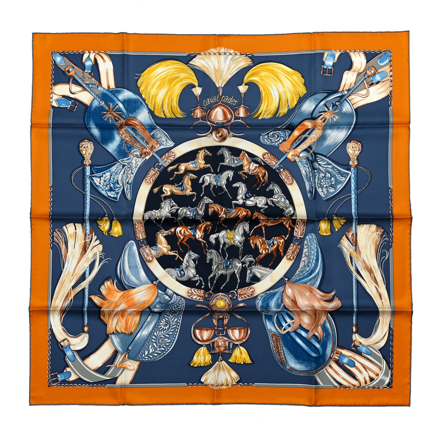 Hermes Silk Cavalcades Scarf 90 Ocre Bleu Ardoise Brun 1 of 6