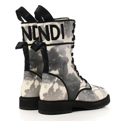 Fendi Canvas Floral Print Logo Bi-Color Womens Biker Boots 37 White Black 4 of 11