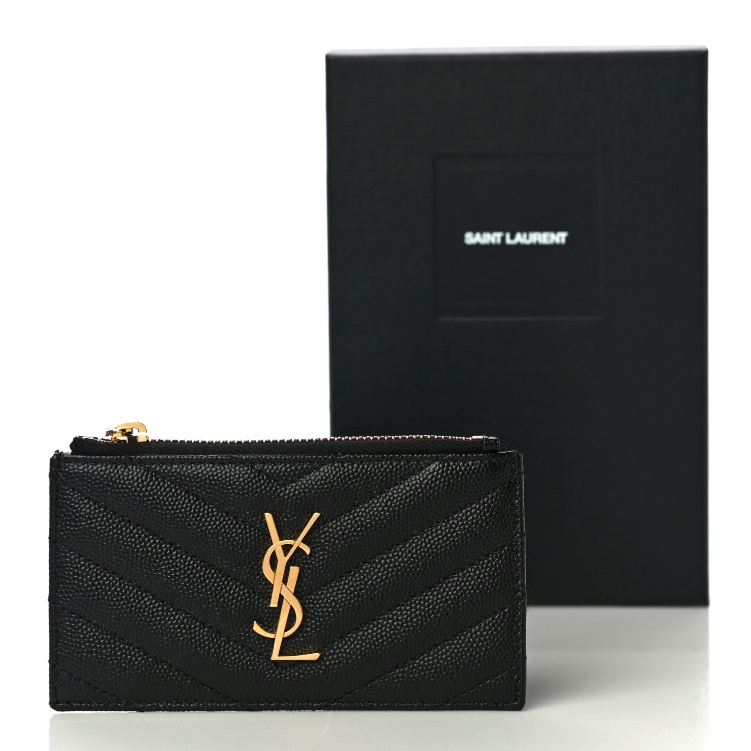 Saint Laurent Grain De Poudre Matelasse Chevron Cassandre Fragments Zippered Card Case Black 11 of 11