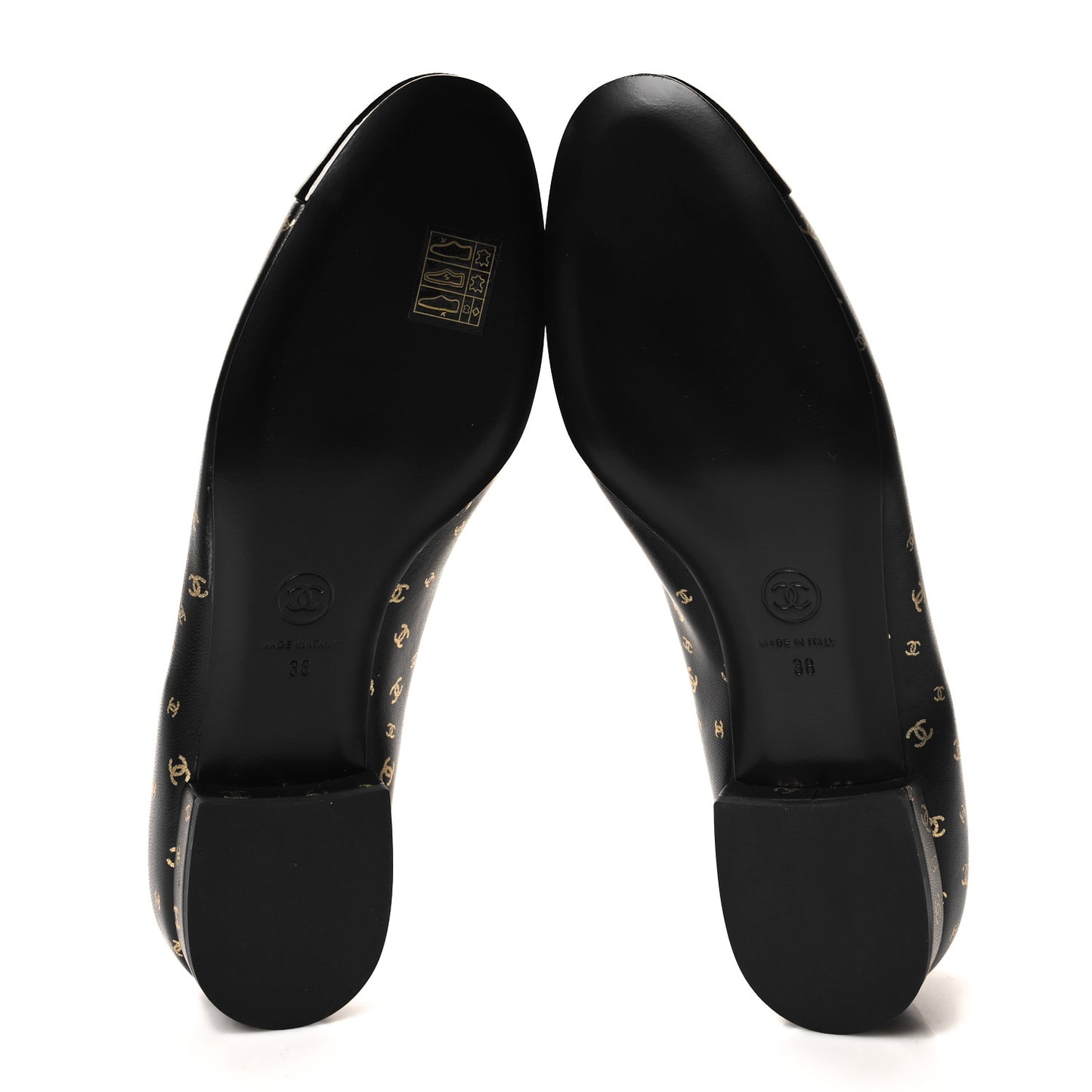 Lambskin Patent Calfskin Printed CC Cap Toe Ballerina Flats 38 Black Gold