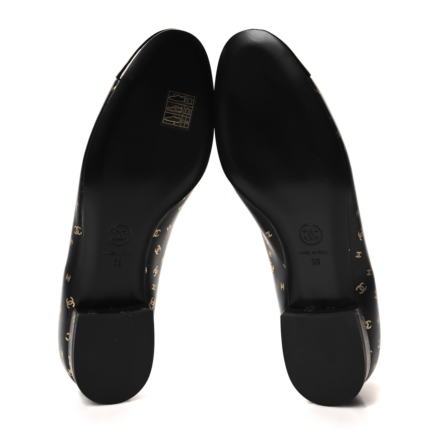 Chanel Lambskin Patent Calfskin Printed CC Cap Toe Ballerina Flats 38 Black Gold 5 of 9