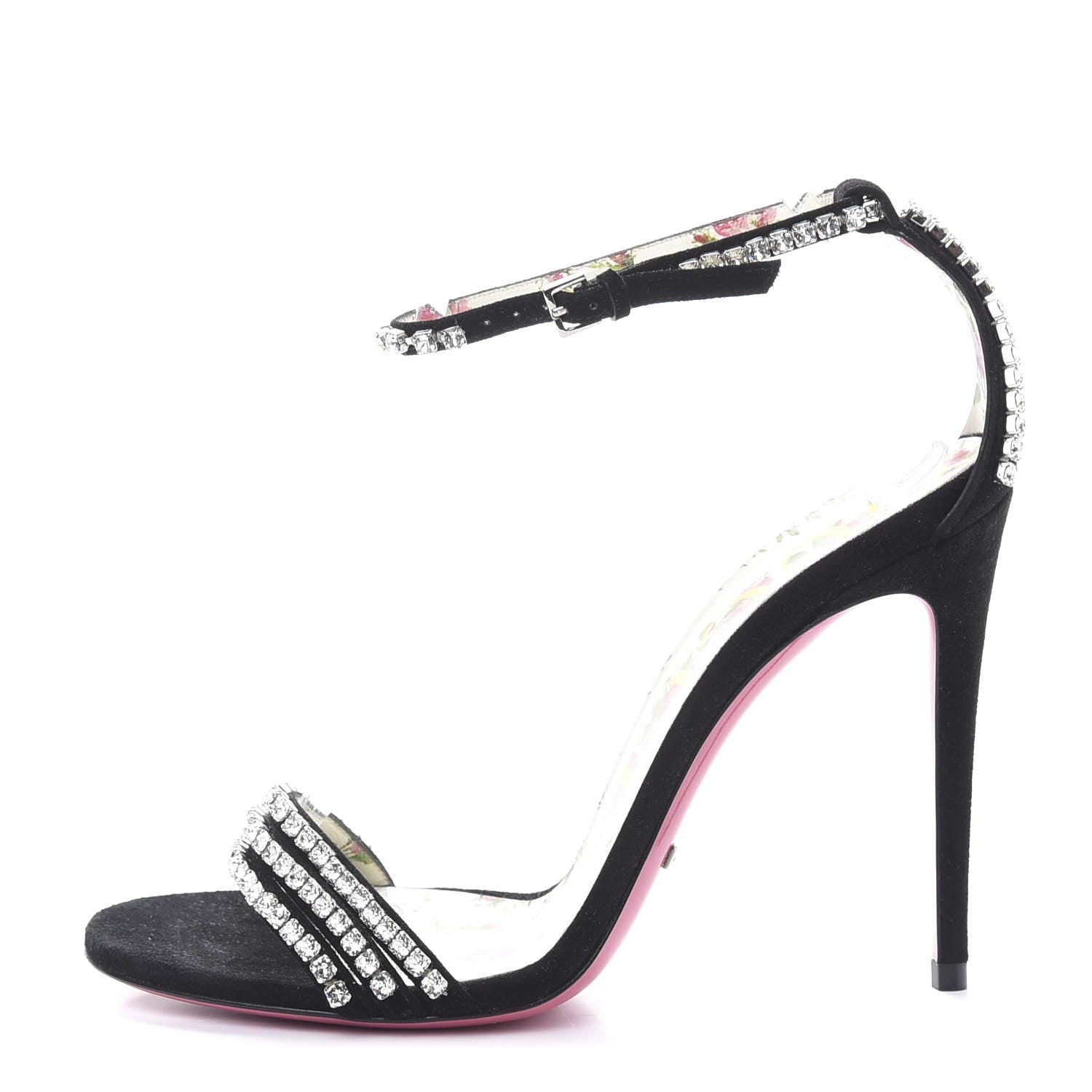 Gucci Kid Scamosciato Crystal Ankle Strap High Heel Sandals 37.5 Black 1 of 9