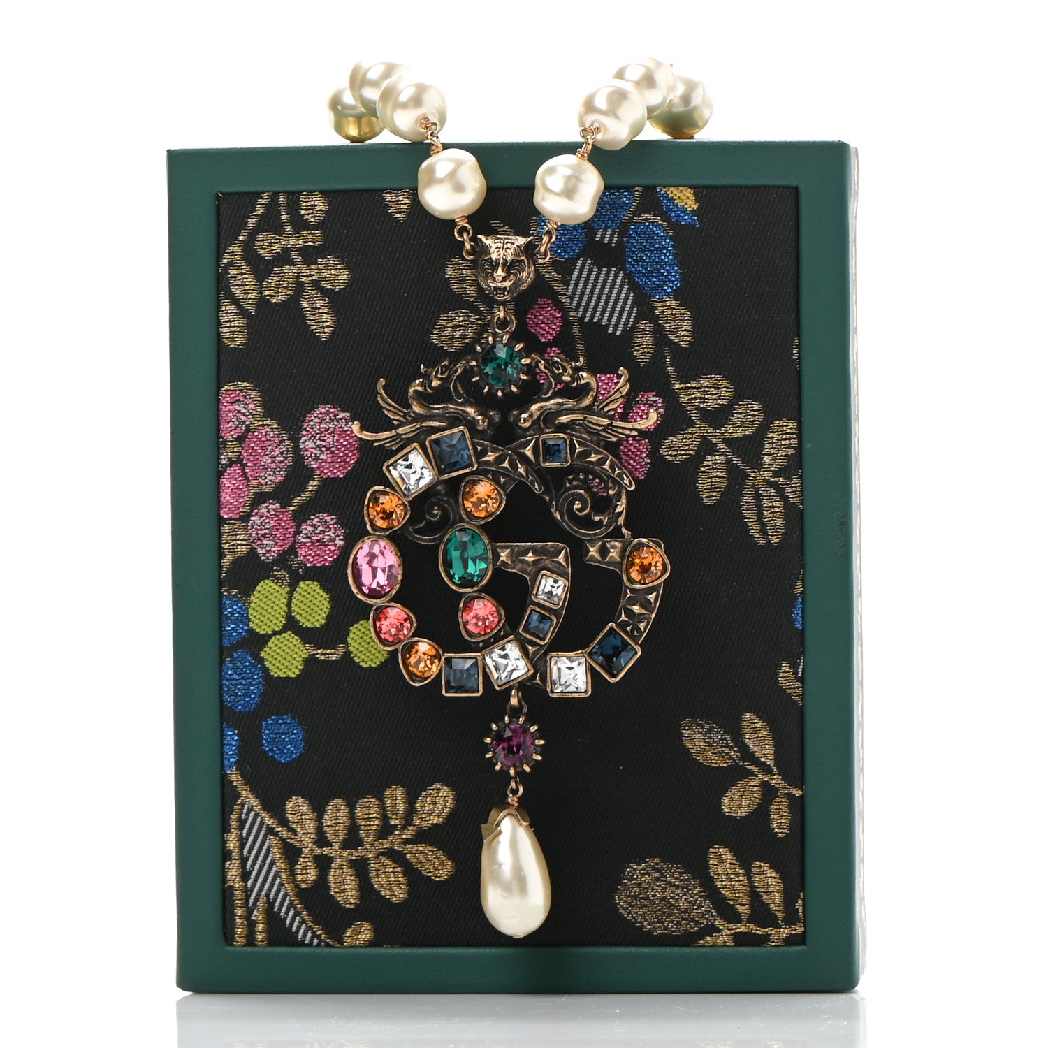 Gucci Crystal Pearl Marmont Dragon Necklace Aged Gold Multicolor 7 of 7