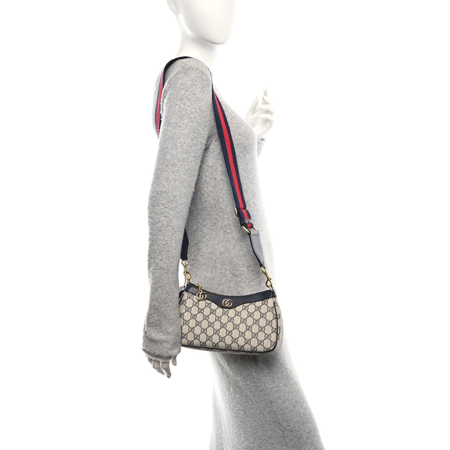 GG Supreme Monogram Textured Dollar Calfskin Web Small Ophidia GG Handbag Beige Blue