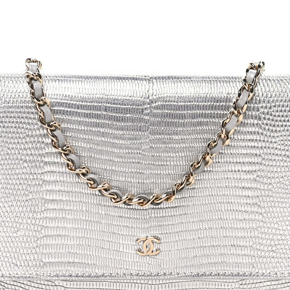 Chanel Calfskin Lizard Embossed Wallet on Chain WOC Silver 8 of 11