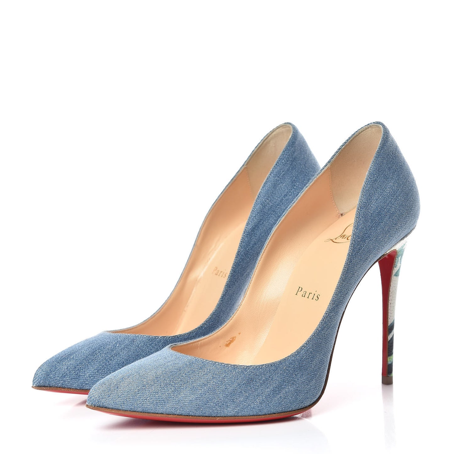 Denim Crackled Calfskin Hawaiian Print Pigalle Follies 100 Pumps 37.5 Blue White