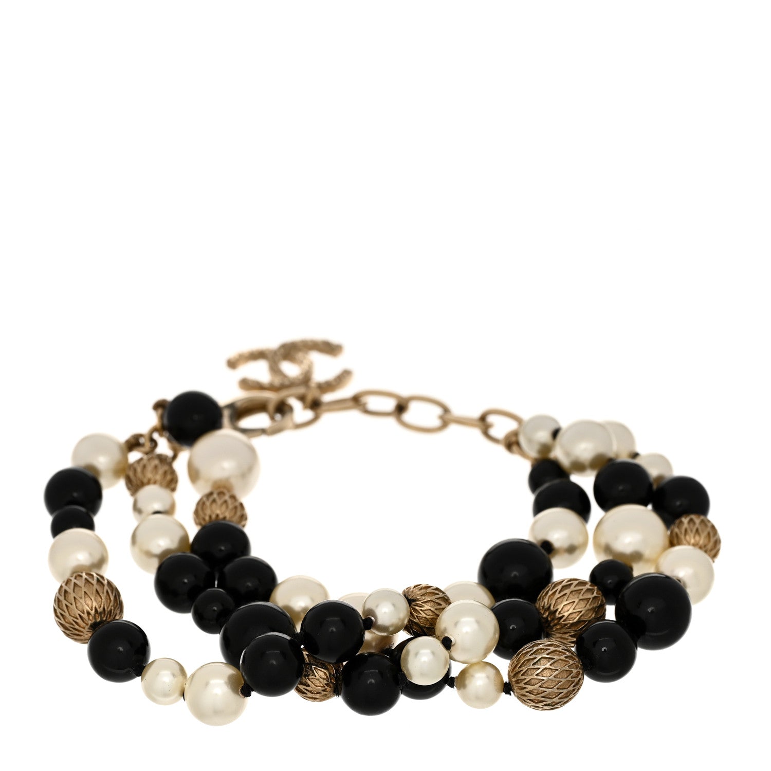 Chanel Metal Pearl Beaded Textured CC Gold Black White 1 of 3