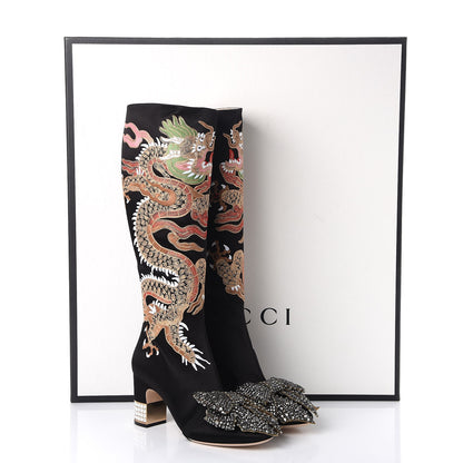 Gucci Silk Satin Malaga Kid Embroidered Candy Dragon Block-Heel Knee Boot 40 Nero Black 11 of 11