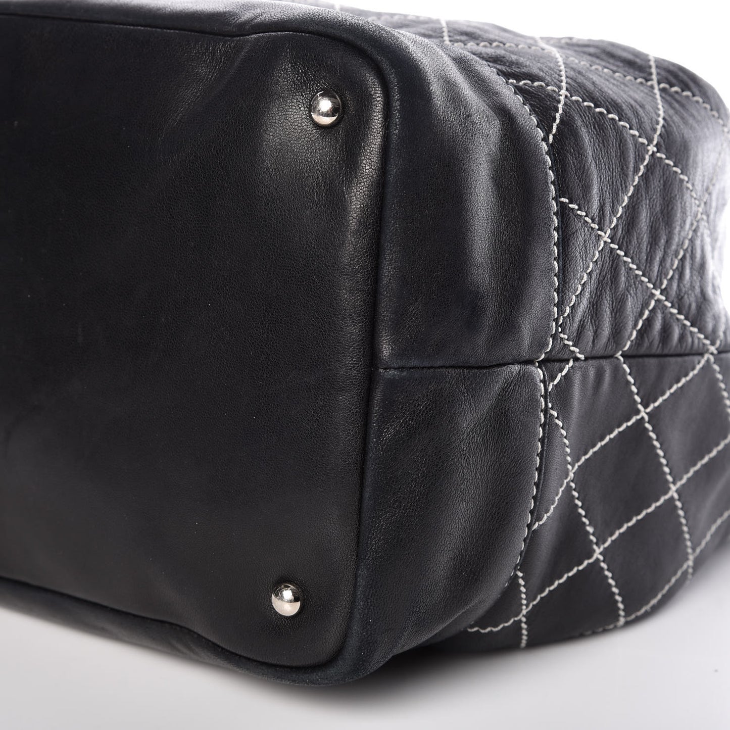 Lambskin Contrast Stitch Large Drawstring Tote Black