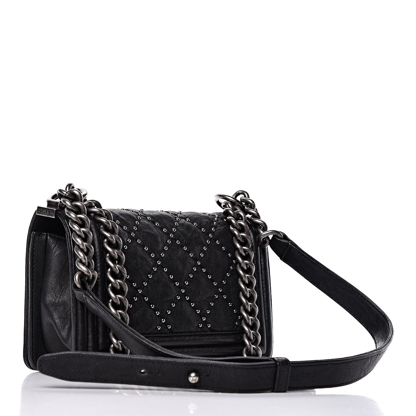 Crumpled Lambskin Small Studded Boy Flap Black