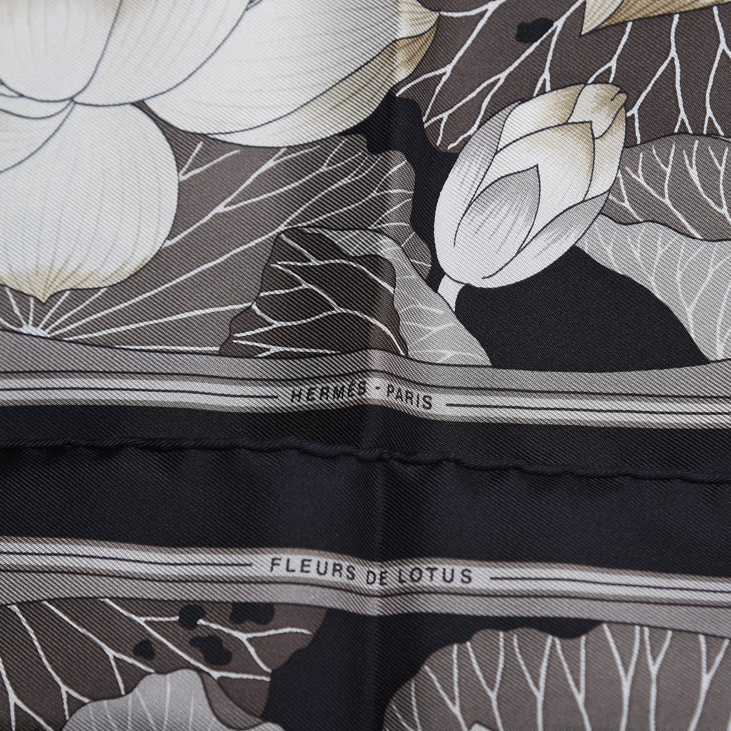 Silk Fleurs De Lotus Pocket Square Scarf Black Gris Ficelle