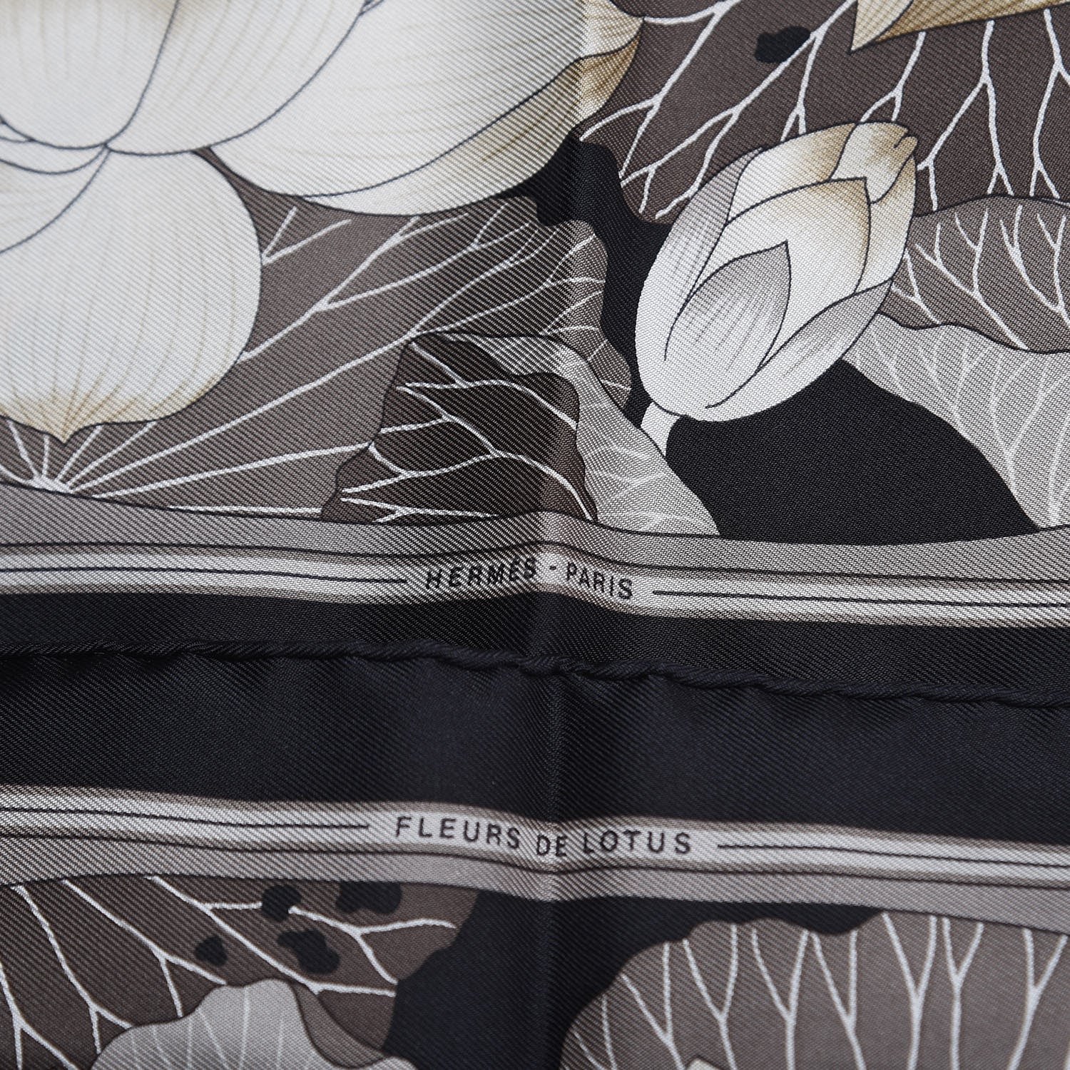 Hermes Silk Fleurs De Lotus Pocket Square Scarf Black Gris Ficelle 3 of 5