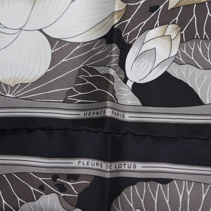 Hermes Silk Fleurs De Lotus Pocket Square Scarf Black Gris Ficelle 3 of 5
