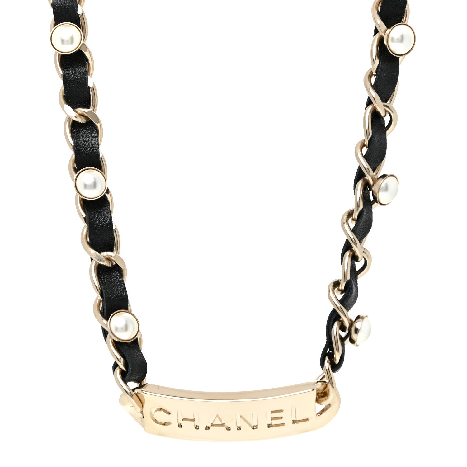 Chanel Metal Lambskin Pearl Name Plate Choker Necklace Black Gold 1 of 5