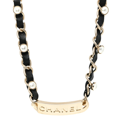 Chanel Metal Lambskin Pearl Name Plate Choker Necklace Black Gold 1 of 5